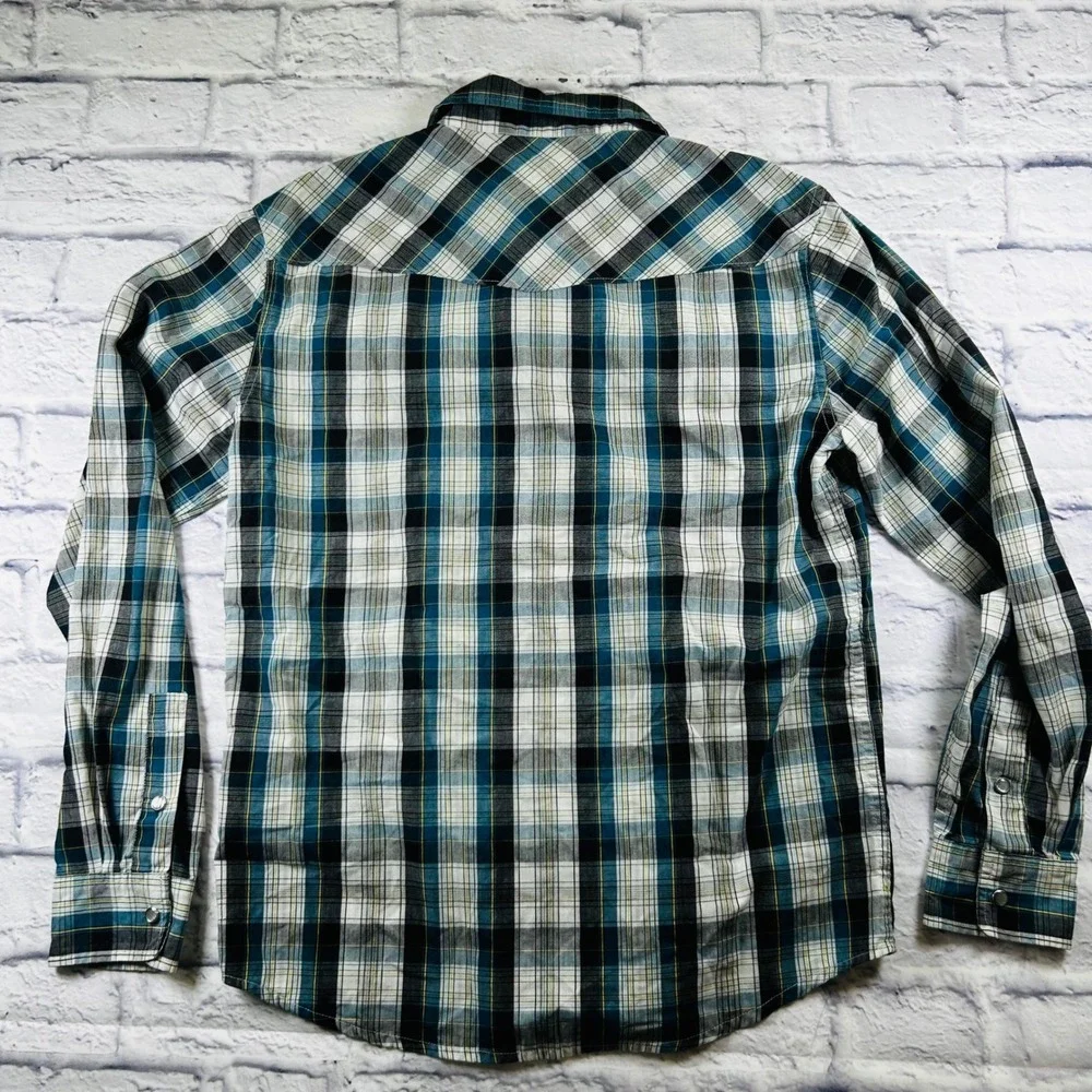 Levis Mens Small Western Pearl Snap Plaid Shirt Black Green White Long Sleeve